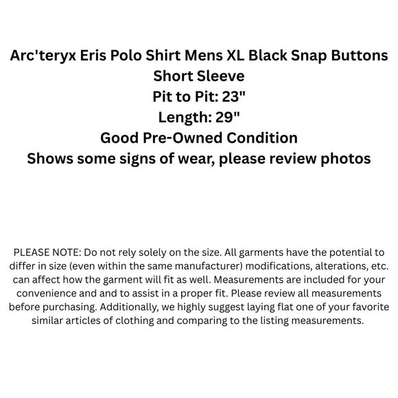 Arcteryx Eris Polo Shirt Mens XL Black Snap Buttons Short Sleeve - Picture 2 of 13